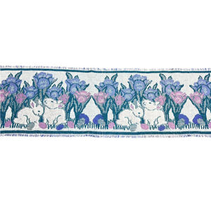 Vintage Easter Spring Tapestry Table Runner White Pink Blue Bunny Cottagecore